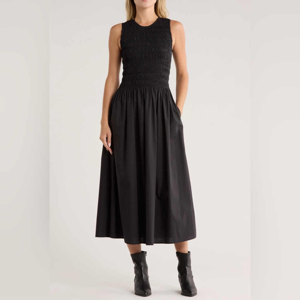 Rag & Bone Black Midi Dress With Smocked Bodice